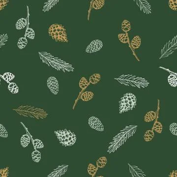 Seamless pattern with hand drawn cones, xmas tree. Christmas vector illustration Stock Illustration