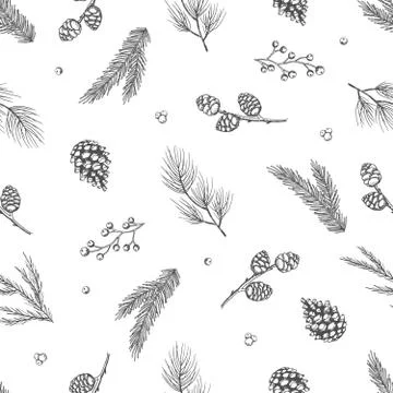 Seamless pattern with hand drawn cones,xmas tree. Christmas vector illustration. Stock Illustration