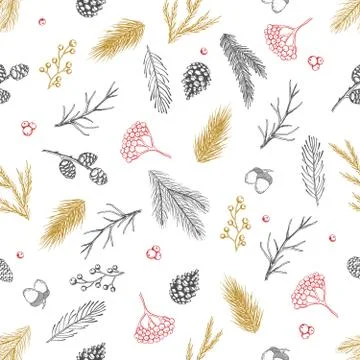 Seamless pattern with hand drawn cones,xmas tree. Christmas vector illustration. Stockillustratie