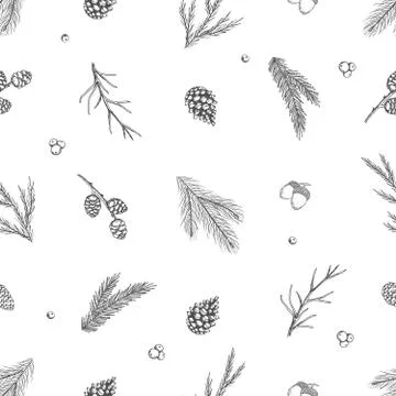 Seamless pattern with hand drawn cones,xmas tree. Christmas vector illustration. Illustrazione stock