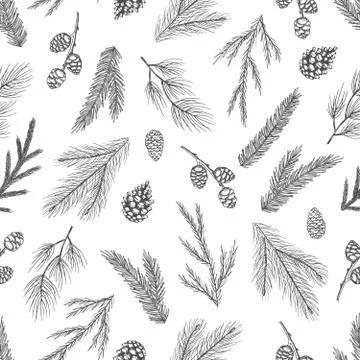 Seamless pattern with hand drawn cones,xmas tree. Christmas vector illustration. Illustrazione stock