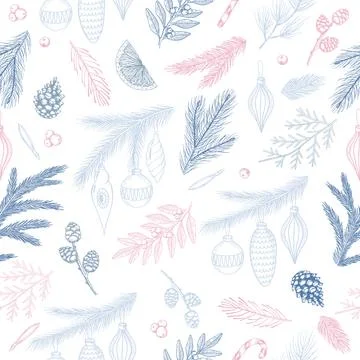 Seamless pattern with hand drawn cones,xmas tree. Christmas vector illustration. Stock Illustration