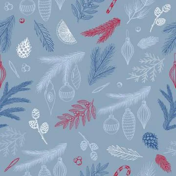 Seamless pattern with hand drawn cones,xmas tree. Christmas vector illustration. Illustrazione stock