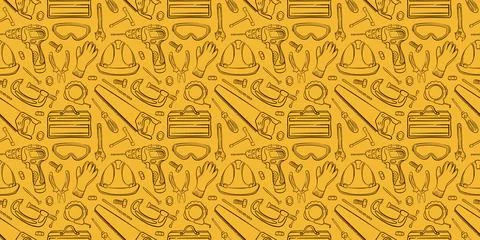 Seamless pattern of hand drawn construction repair tool and safety equipment on イラスト素材