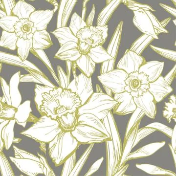Seamless pattern with hand drawn contours and silhouettes of flowers. Stock Illustration