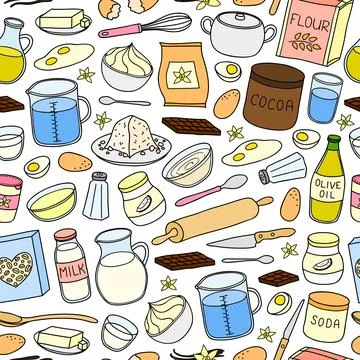 Seamless pattern with hand drawn cooking ingredients. Illustrazione stock