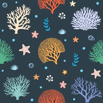 Seamless pattern with hand drawn corals of different shapes and colors. Stock Illustration