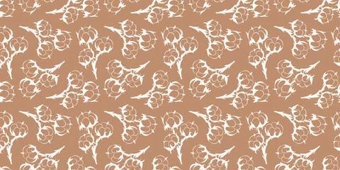 Seamless pattern with hand drawn cotton plant flower on brown background イラスト素材