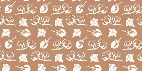 Seamless pattern with hand drawn cotton plant flower and leaf on brown Stock Illustration