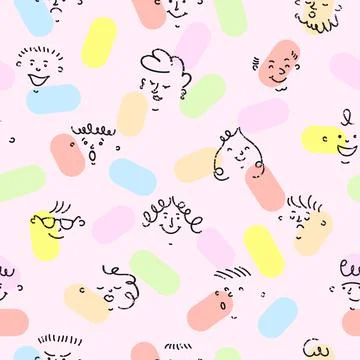 Seamless Pattern with Hand Drawn Crayon Faces with Different Emotions Illustrazione stock