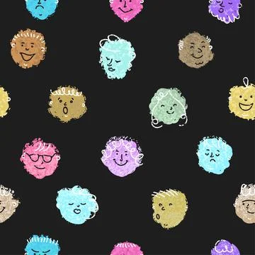 Seamless Pattern with Hand Drawn Crayon Faces with Different Emotions Stock Illustration