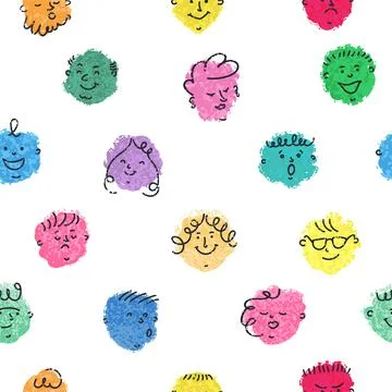 Seamless Pattern with Hand Drawn Crayon Faces with Different Emotions Illustrazione stock