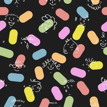 Seamless Pattern with Hand Drawn Crayon Faces with Different Emotions Stock Illustration