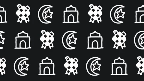 Seamless pattern of hand-drawn crescent moon with star, mosque, and ketupat icon Stock Footage 336453922
