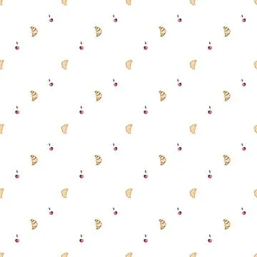 Seamless pattern of hand-drawn croissants and cherries. cute pattern with Stock Illustration
