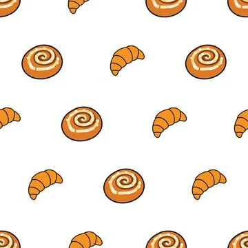 Seamless pattern with hand drawn croissants and cinnamon rolls on white bac.. Stock Illustration