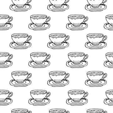 Seamless pattern hand drawn cup of coffee. Doodle black sketch. Sign symbol.  Stock Illustration