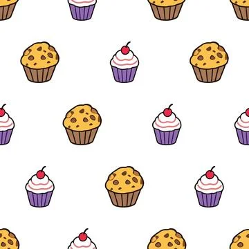 Seamless pattern with hand drawn cupcakes and muffins on white background. Stock Illustration