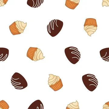 Seamless pattern with hand drawn cupcakes and chocolate truffles for bakery.. Stock Illustration