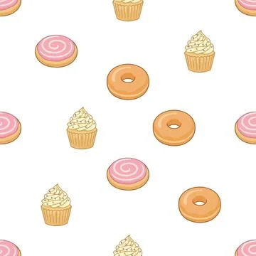 Seamless pattern with hand drawn cupcakes and donuts for bakery background. Stock Illustration