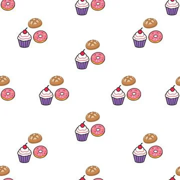 Seamless pattern with hand drawn cupcakes donuts and cookies on white backg.. Stock Illustration