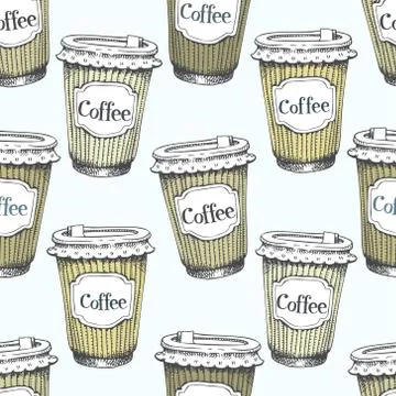 Seamless pattern with hand drawn cups of coffee to go. Vector fast food Stock Illustration