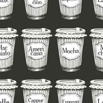 Seamless pattern with hand drawn cups of coffee to go. Vector fast food Stock Illustration