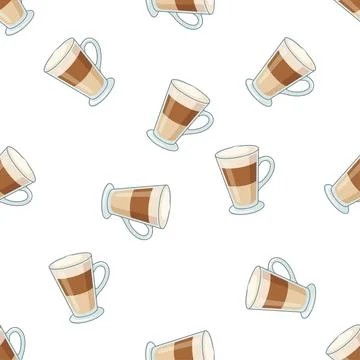 Seamless pattern with hand drawn cups of latte macchiato on a white backgroun Stock Illustration