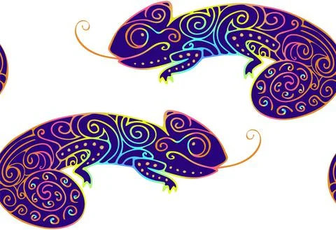 Seamless Pattern with Hand Drawn Curled Doodle Chameleon of Rainbow Colors. Stock Illustration