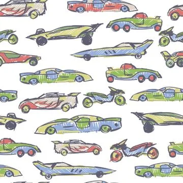 Seamless pattern with hand drawn cute car. Cartoon cars vector illustration.P Stock Illustration