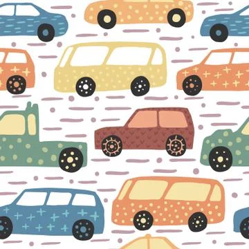 Seamless pattern with hand drawn cute car. Doodle cars vector illustration. イラスト素材