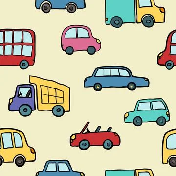 Seamless pattern of hand drawn cute cartoon cars for kids design. Vector illu Stock Illustration