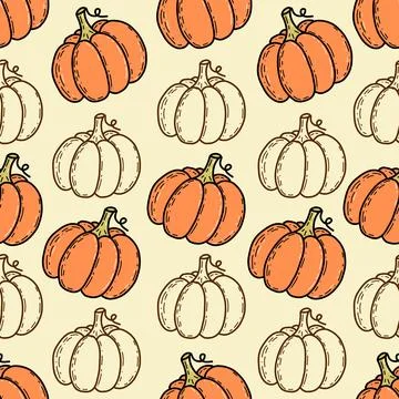 Seamless pattern with hand-drawn cute pumpkin in cartoon style. Flat pastel Stock Illustration