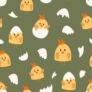 Seamless pattern with hand drawn cute cartoon chicks and eggshells flat style 库存插图