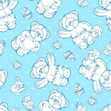 Seamless pattern with hand drawn cute teddy bears in shorts sketch style Stock Illustration