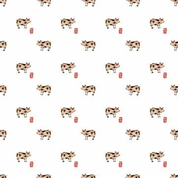 Seamless pattern of hand-drawn cute little pig with a can. farm theme pattern Stock Illustration