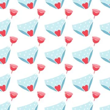 Seamless pattern with hand drawn cute woman underwear and menstrual cup. Co.. Stock Illustration