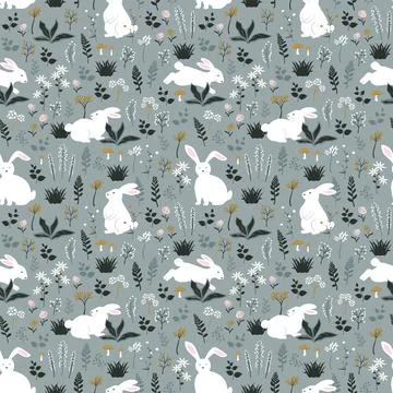 Seamless pattern with hand drawn cute rabbits on spring garden for happy east Stock Illustration