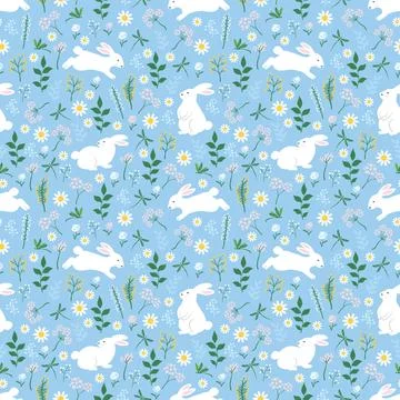 Seamless pattern with hand drawn cute rabbits and wildflowers on spring gar.. Stock Illustration
