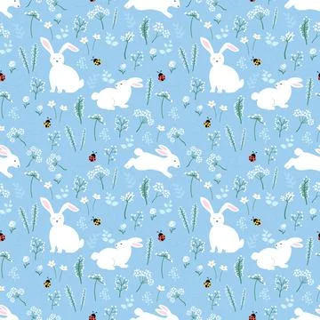 Seamless pattern with hand drawn cute rabbits and ladybug on spring garden Stock Illustration