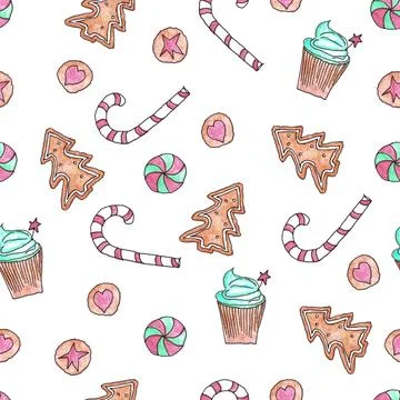 Seamless pattern of hand drawn cute Christmas sweets on white background Stock Illustration