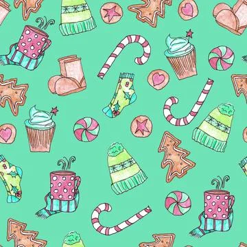 Seamless pattern of hand drawn cute Christmas sweets, cups and warm clothes Stock Illustration