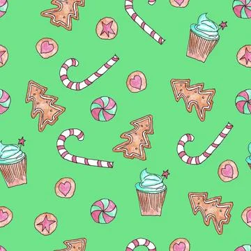 Seamless pattern of hand drawn cute Christmas sweets on green background Stock Illustration