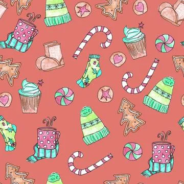 Seamless pattern of hand drawn cute Christmas sweets, cups and warm clothes Stock Illustration
