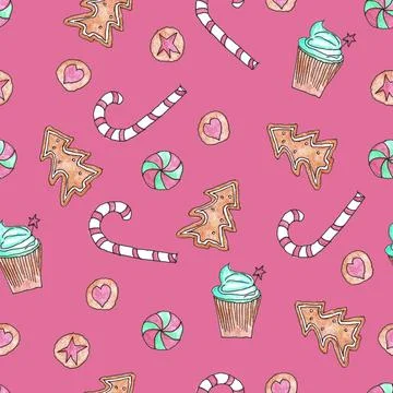 Seamless pattern of hand drawn cute Christmas sweets on red background Stock Illustration