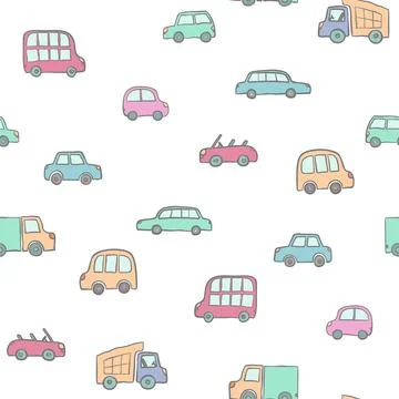Seamless pattern of hand drawn cute cartoon cars for kids design. Vector il.. Stock Illustration