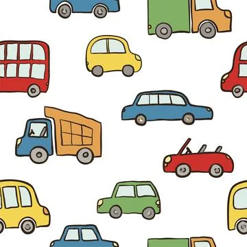 Seamless pattern of hand drawn cute cartoon cars for kids design. Vector il.. Stock Illustration