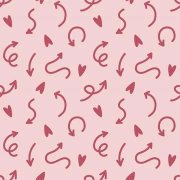Seamless pattern with hand drawn cute arrows and hearts on pink background Stock Illustration