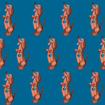 Seamless pattern of hand drawn dachshund holding blue christmas tree bauble Stock Illustration