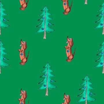 Seamless pattern of hand drawn dachshund holding blue bauble near christmas tree Stock Illustration